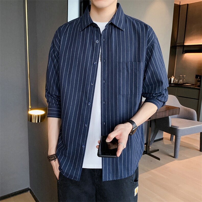 衬衣男 2021春秋新款长袖休闲宽松条纹男士衬衫外套DF07T图片