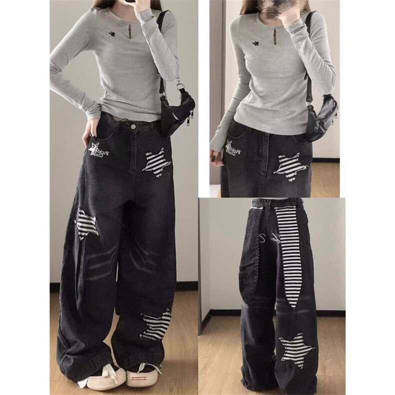 【008】星星贴布拉链牛仔裤女春宽松阔腿弯刀裤子A079-N6657-P58,男装牛仔裤,电商A079