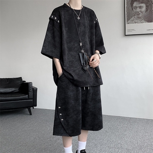 夏季短袖短裤套装男生美式高街痞帅扎染青少年宽松圆领大码运动服图片