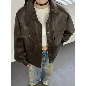 痞帅新款男女同款扎染休闲皮夹克潮外套皮衣 Y03-P90控128图片