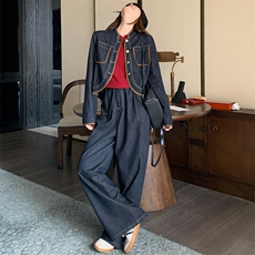 港风休闲牛仔套装女小个子休闲百搭外套2025春季新款阔腿裤两件套，女装套装/套裙，纯色衣恋