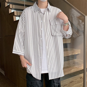 C2037/P35现货夏季条纹工装短袖衬衣男士宽松衬衫五分袖潮大码男图片