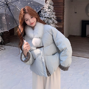 现货冬季真狐狸毛围脖可脱卸复古盘扣短款羽绒服8877-P265-K365图片