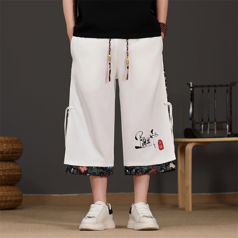 风短裤男宽松冰丝七分裤潮风新中式休闲沙滩裤-L167-P32，男装牛仔裤，星座310B-3