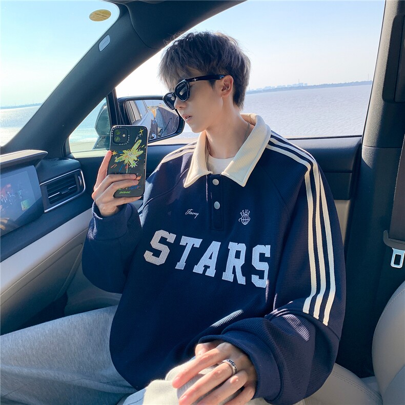 美式复古Polo领卫衣大码秋季重磅刺绣条纹上衣撞色外套WY5113/P65,女装短外套,电商B238