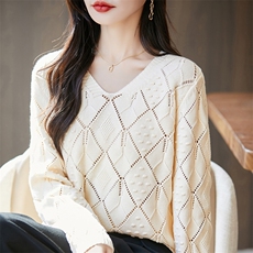 2025时尚百搭菱形镂空针织衫，女装针织衫/毛衣，长今羊