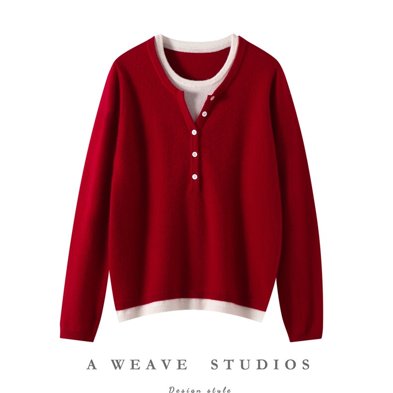 2025简约时尚舒适亨利领带扣假两件羊绒衫，女装羊绒衫，朵暖羊绒