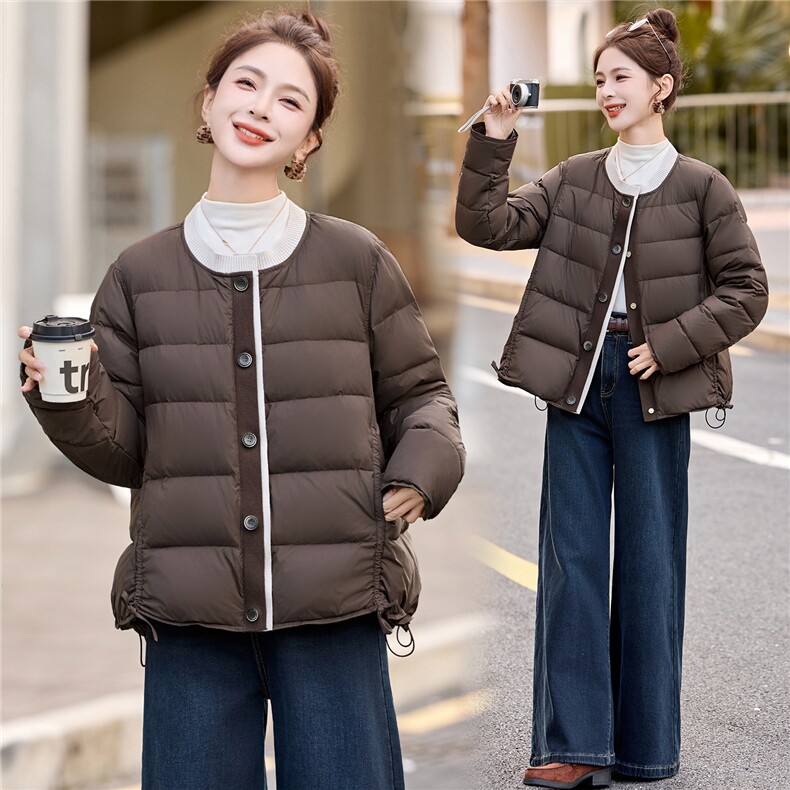 2025冬季新款时尚撞色圆领白鸭绒羽绒服女外套，女装羽绒服，美沁