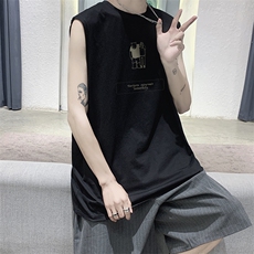 老人与熊印花无袖T恤夏季宽松潮牌港风休闲运动背心DFY517TP18，男装T恤，电商A102-1