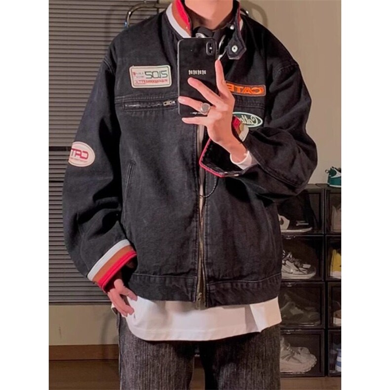 【有货】贴布立领牛仔外套机车服牛仔衣夹克JK8945特P80,男装工装外套,星座908-1