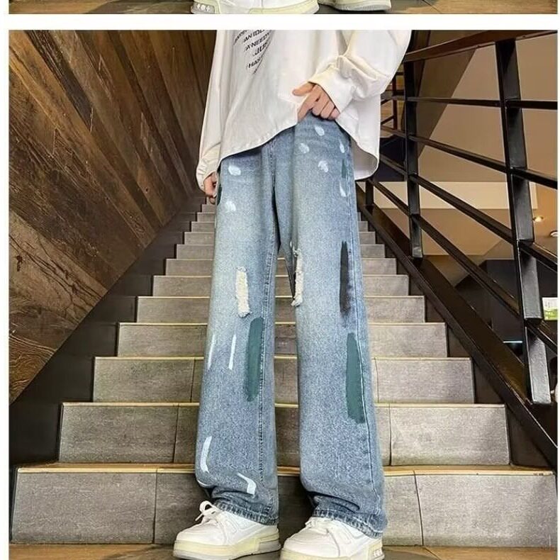 破洞牛仔裤男秋季薄款潮ins高街美式宽松直筒阔腿休闲长裤子水洗,男装牛仔裤,星座516A