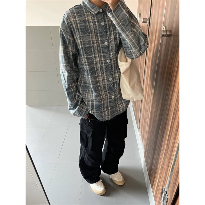 格子衬衫男长袖水洗树纹宽松休闲上衣美式复古衬衣潮CS691-P50,男装衬衫,星座1007（原301D）