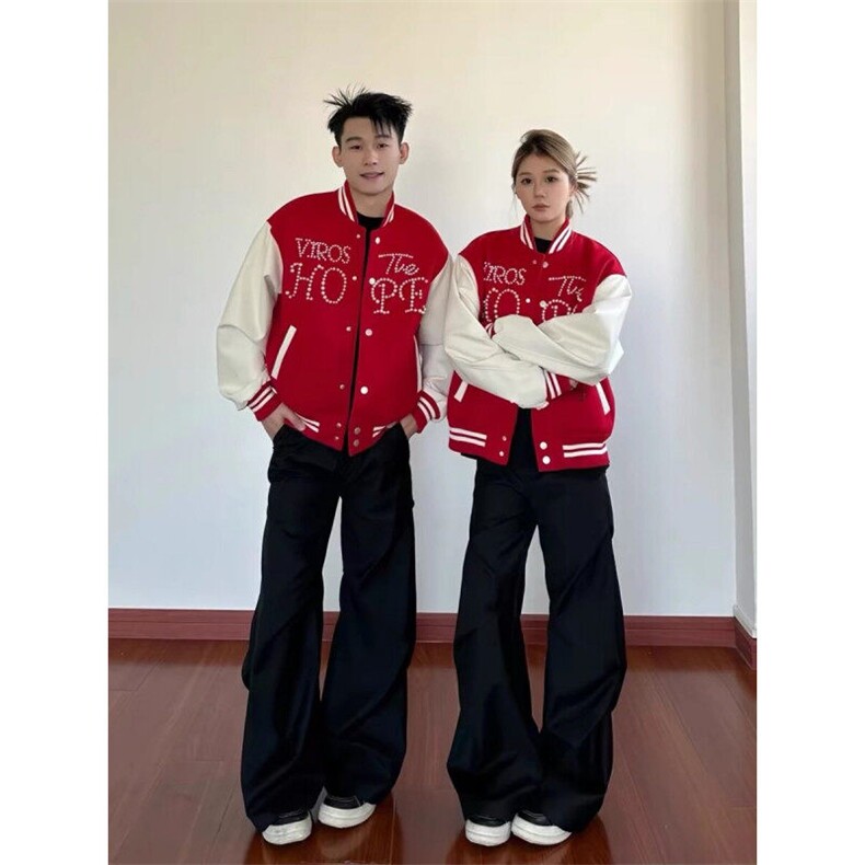 珍珠红色撞色棒球服外套男款春秋季美式高街hiphop设计感夹克外套,男装夹克,星座313A(原308A-2)