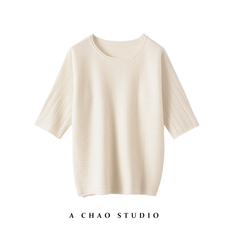 秋冬季新款舒适时尚百搭圆领横条纹短袖羊绒衫，女装羊绒衫，雅之冉羊绒