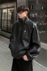 港风鳄鱼纹可拆卸四芒星胸针背后钢印设计夹克男JK77741P85控118，男装夹克，星座226-1