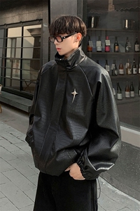 港风鳄鱼纹可拆卸四芒星胸针背后钢印设计夹克男JK77741P85控118图片