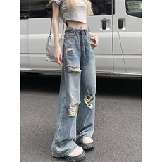 美式复古直筒牛仔裤女夏季破洞高腰显瘦宽松阔腿拖地裤潮XN32-P45，男装牛仔裤，星座1008