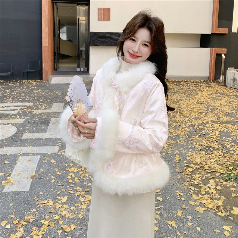新中式毛毛拼接白色羽绒服女2026冬季新款高级小众加厚短外套,女装羽绒服,2C218