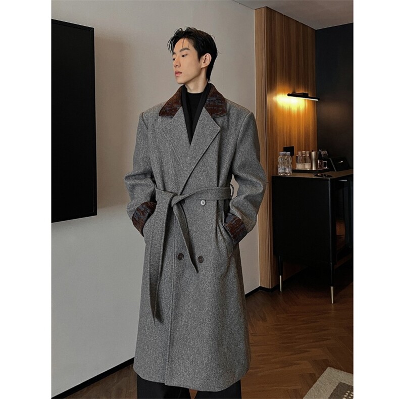 现货秋冬中长款毛呢大衣男韩系高级感撞色呢子风衣外套F690-P128，男装风衣，星座812