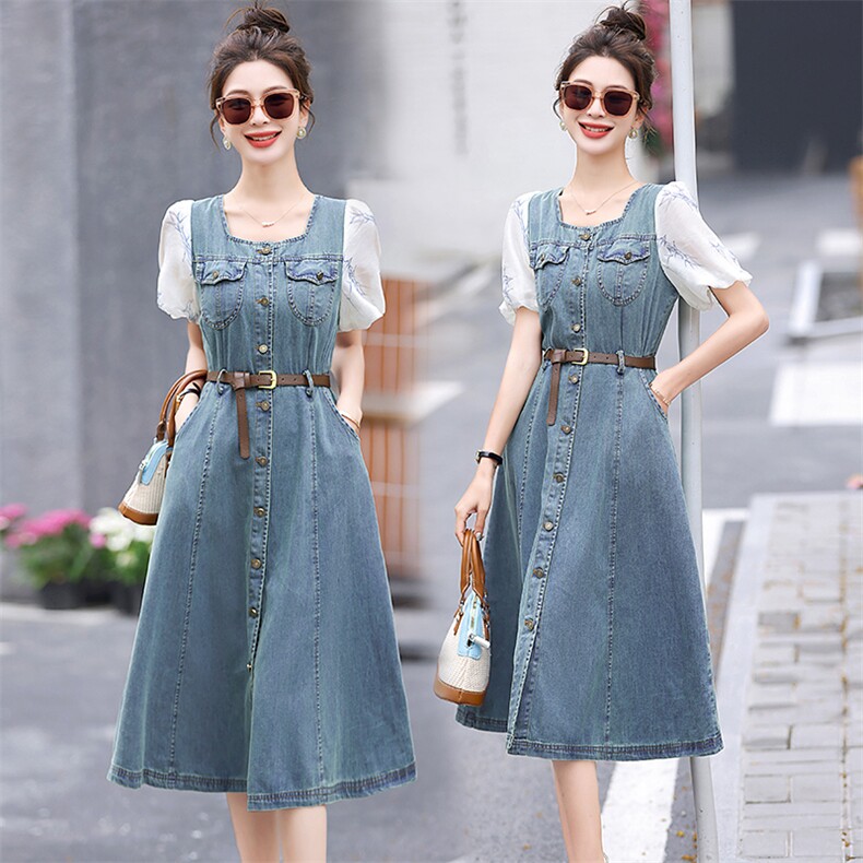 2024夏季新款韩版拼接中长款水洗牛仔连衣裙，女装连衣裙，超帛