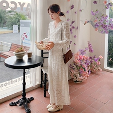 御姐轻熟长袖连衣裙女装2025春秋季新款性感蕾丝V领包臀鱼尾长裙，女装蕾丝衫/雪纺衫，浙宝193A