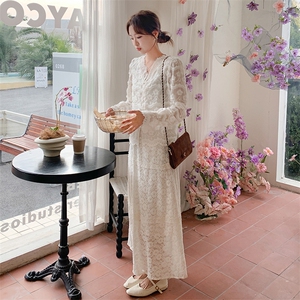 御姐轻熟长袖连衣裙女装2025春秋季新款性感蕾丝V领包臀鱼尾长裙图片