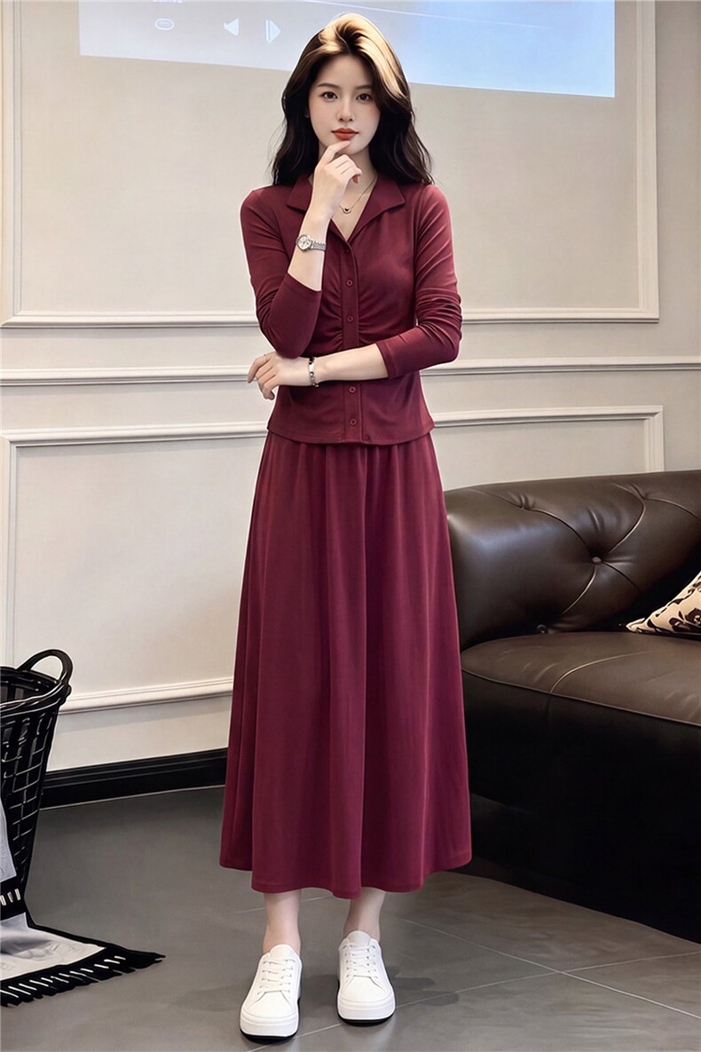 韩版时尚套装裙女春秋款高级感显瘦V领纽扣设计上衣半身裙两件套,女装套装/套裙,江南