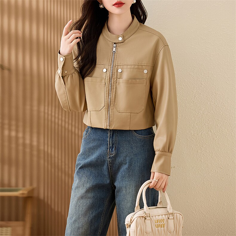 现货复古短款皮衣外套女2024春秋新款PU皮机车服秋季女式皮夹克,女装皮衣,江南女神
