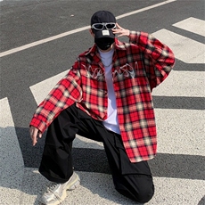 红色格子衬衫男女韩版潮流宽松字母刺绣2025春ins外套CY967X-P34，男装衬衫，星座412-3