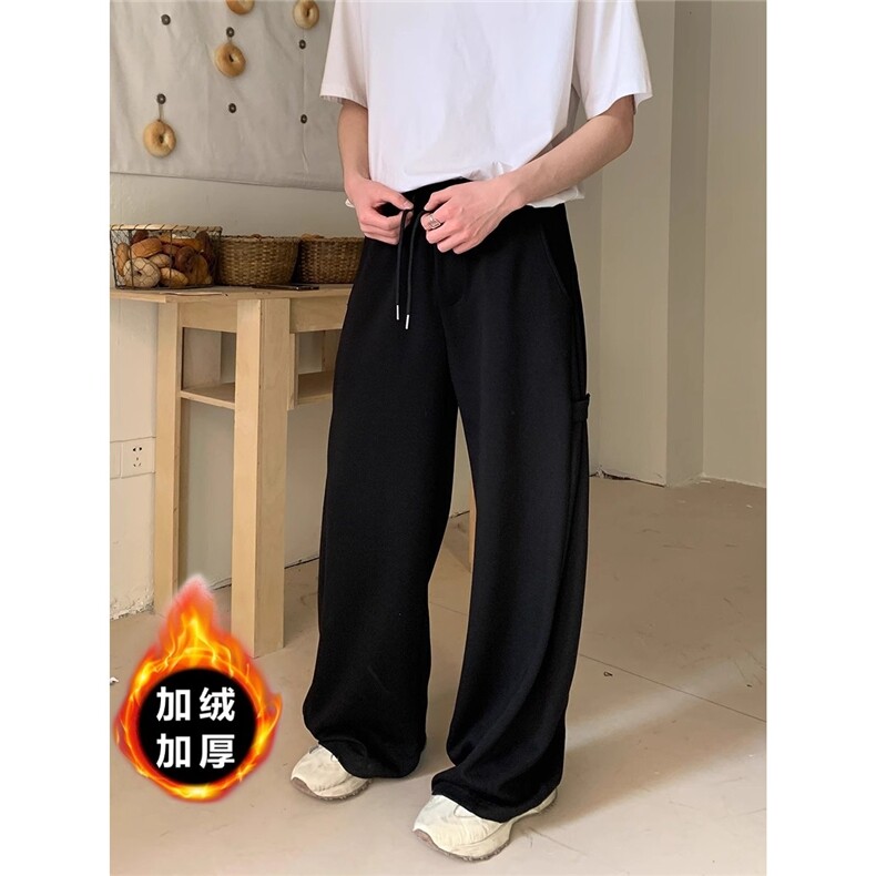 灰色重磅结构卫裤男秋冬美式高街vibe裤子直筒阔腿加绒休闲运动裤，男装休闲裤，星座506A