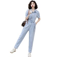 2021夏装新款时尚个性气质翻领修身显瘦牛仔连体裤，女装连体裤，奋斗女王