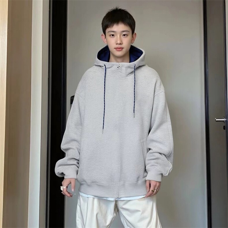 抖音得物二开美式高街重磅结构双层撞色连帽卫衣开衫外套W116，男装卫衣，电商A486