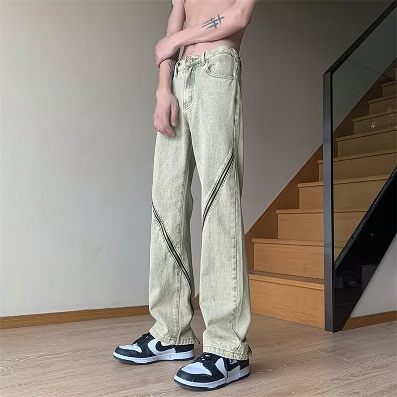 美式黄泥染拉链牛仔裤男裤子小众设计感直筒宽松阔腿裤NZ722/P45,男装牛仔裤,星座506