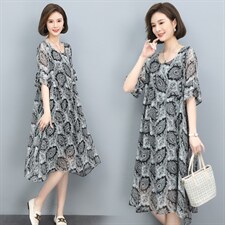 2022夏季新款复古印花连衣裙宽松显瘦遮肚雪纺裙，女装连衣裙，依恋蒂丝