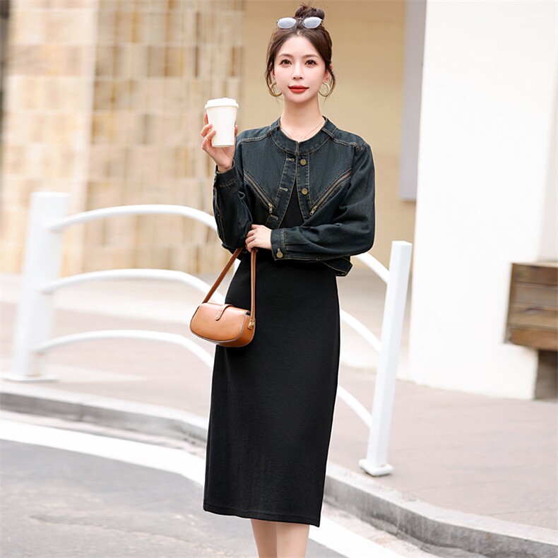 时髦连衣裙套装女2025春秋新款长袖牛仔短外套配无袖背心裙两件套,女装套装/套裙,意芙