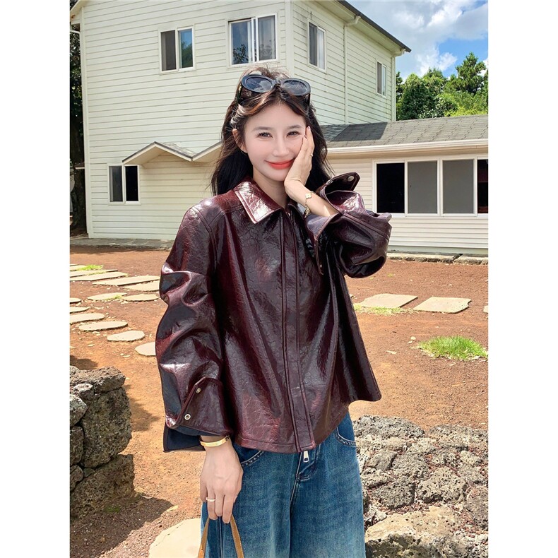 2025秋季新款韩版辣妹高级感气质拉链翻领PU皮短外套夹克上衣女潮,男装夹克,星座506A