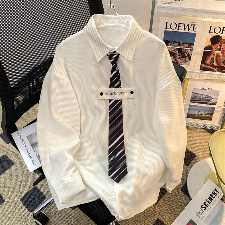 2025春季新款灯芯绒衬衫长袖衬衣配领带男女班服大码W8538-P42，男装衬衫，星座512-4