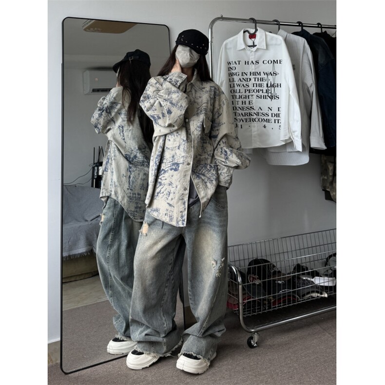 秋季新款港风美式oversize情侣款扎染翻领牛仔夹克潮JK1276-P70,男装夹克,星座313A(原308A-2)