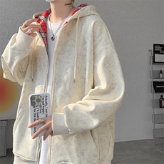 扎染撞色格子男女百搭连帽大码卫衣外套WY10090-特P55加绒特P65，女装短外套，电商A059