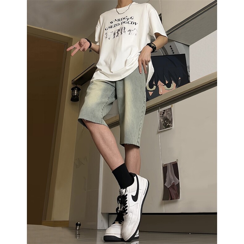 现货 夏季黄泥色牛仔毛边短裤美式宽松五分中裤男 K5811-P35 控58图片