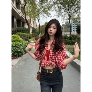 TC610-P45复古甜格红色休闲格子衬衫防晒女韩系宽松中长款衬衣图片