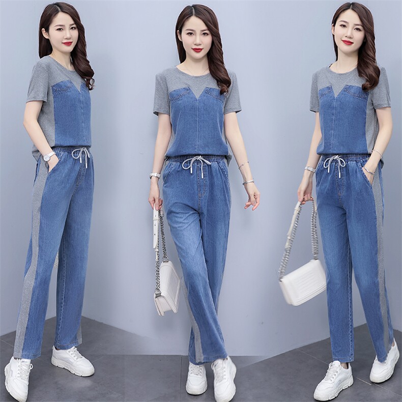 牛仔套装女小个子2024夏季新款网红炸街洋气减龄薄款阔腿裤两件套，女装套装/套裙，靓星雨