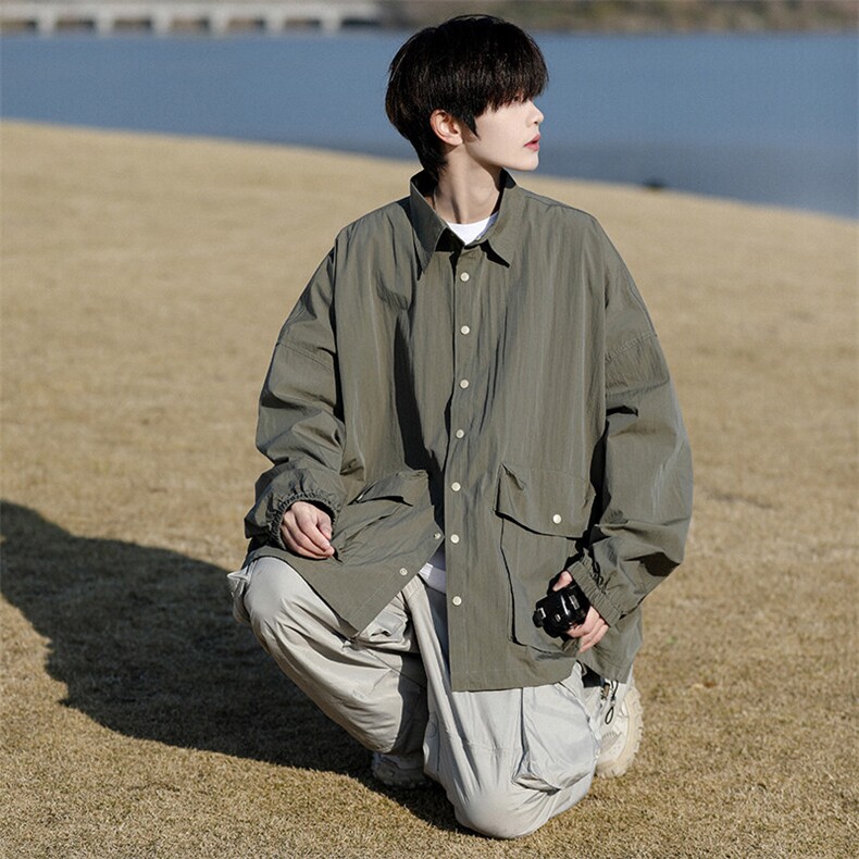 8XL-M春夏廓形衬衫防晒外套特大码多口袋复古慵懒衬衣JK5203/P50,男装夹克,电商B238