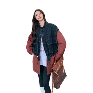 档口现货牛仔拼接安可拉红夹棉棉服假两件套2C233-8859-P205-K289图片