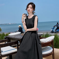 法式度假风背心连衣裙女2025年夏季新款欧若风蓝色无袖长裙子，女装连衣裙，跑量工厂店