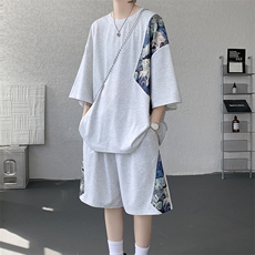 TZ792-特批50控98夏季冰丝潮流大码小熊撞色短袖短裤套装男，男装牛仔裤，电商A059