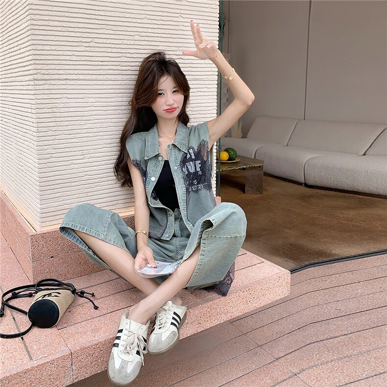 蕾丝网纱拼接牛仔阔腿裤套装女夏ootd流行巨好看小众不撞款两件套,女装套装/套裙,2C135
