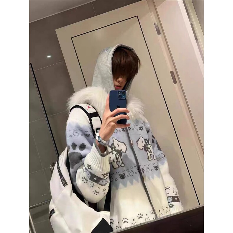 美式复古大毛领提花连帽针织开衫小狗毛衣男女冬季保暖外套MY532,男装针织衫/毛衣,星座208-5