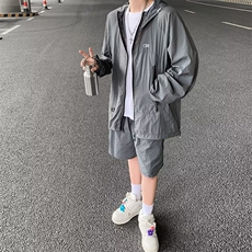 户外轻薄透气长袖防晒衣男冰丝连帽宽松运动短裤两件套装W180/P68，男装牛仔裤，星座506