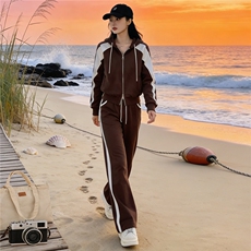时尚炸街休闲运动套装女春季新款撞色连帽拉链外套阔腿裤两件套潮，女装套装/套裙，江南